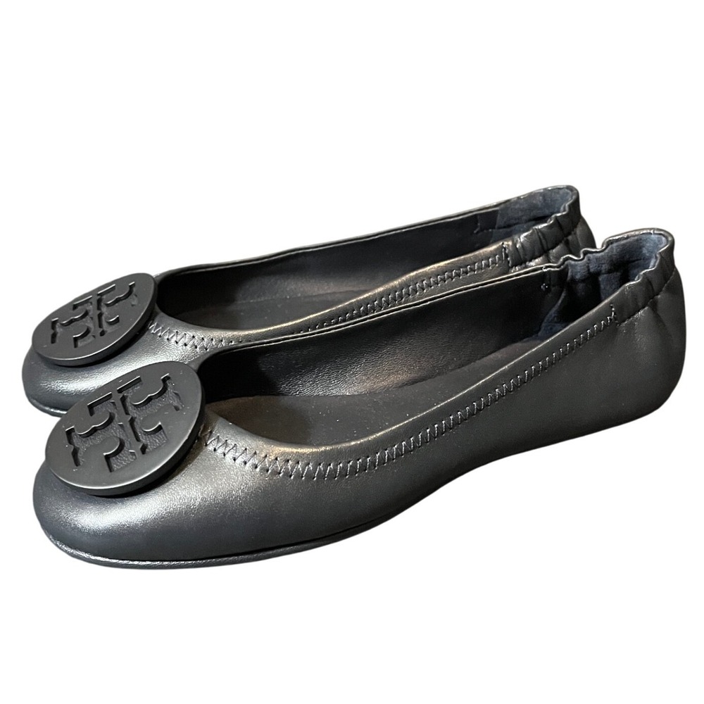 Tory Burch Minnie Travel Ballet Flats Womens 5M Black Leather Logo Round Toe